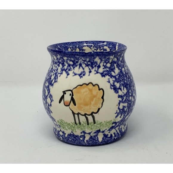 MOLLY DALLAS OPEN SUGAR BOWL Sheep Blue Spatterware Farmhouse MOLLY'S COWS Folk - Picture 1 of 9